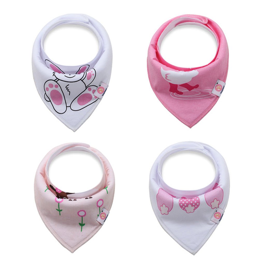 Babelio baby bandana bibs in pink and white, cute animal and floral designs, nursery setting