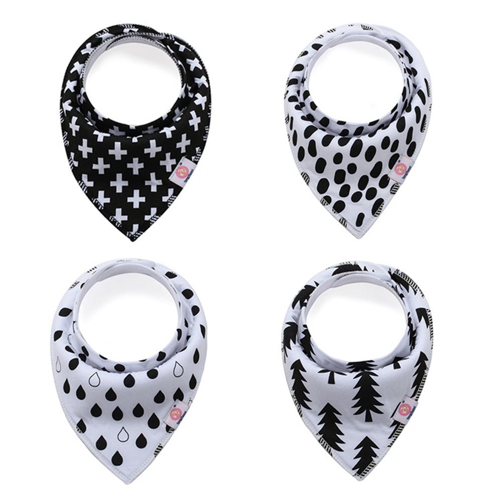 Babelio black and white baby bandana bibs with modern patterns, displayed on a white background.
