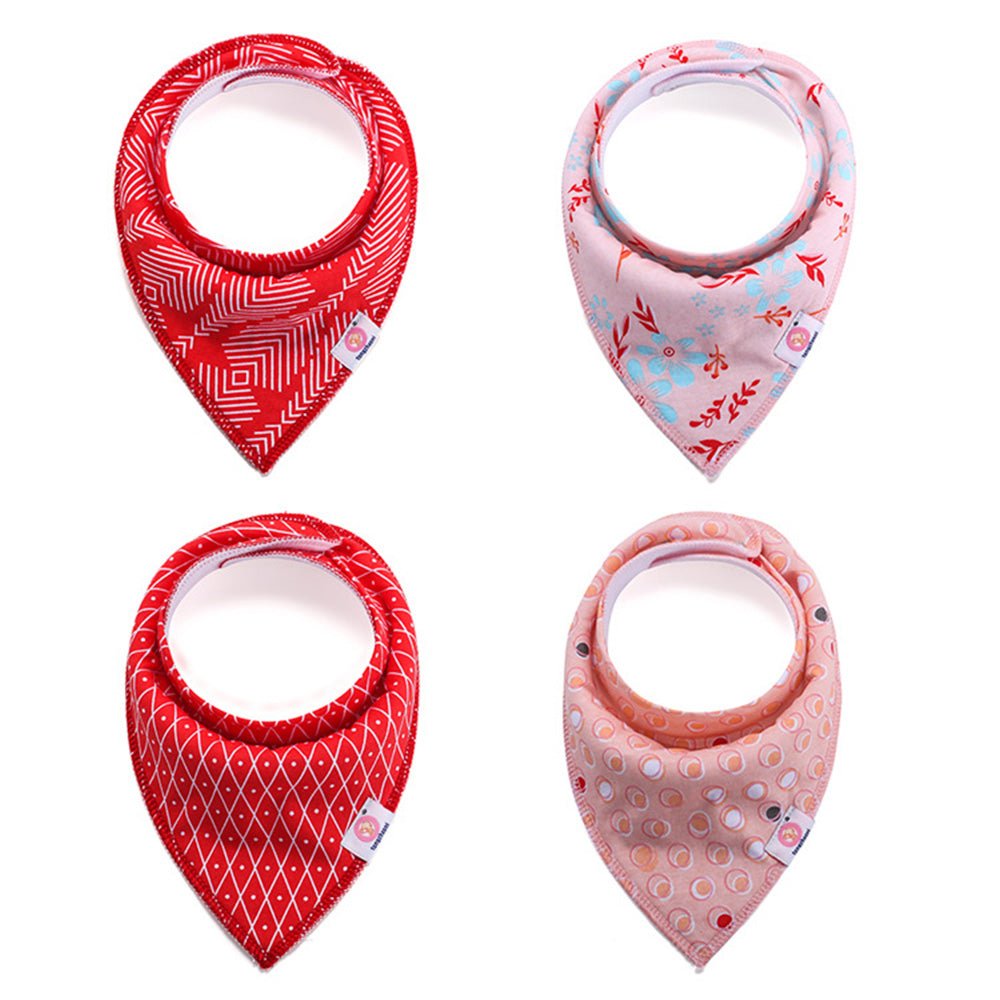 Babelio baby bandana bibs in assorted red and pink patterns, arranged on white background