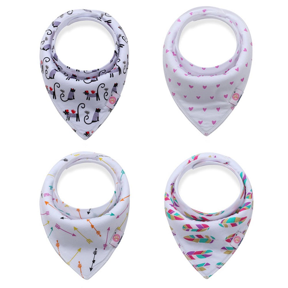 Babelio baby bandana bibs set with cat, heart, arrow, and feather patterns on white cloth