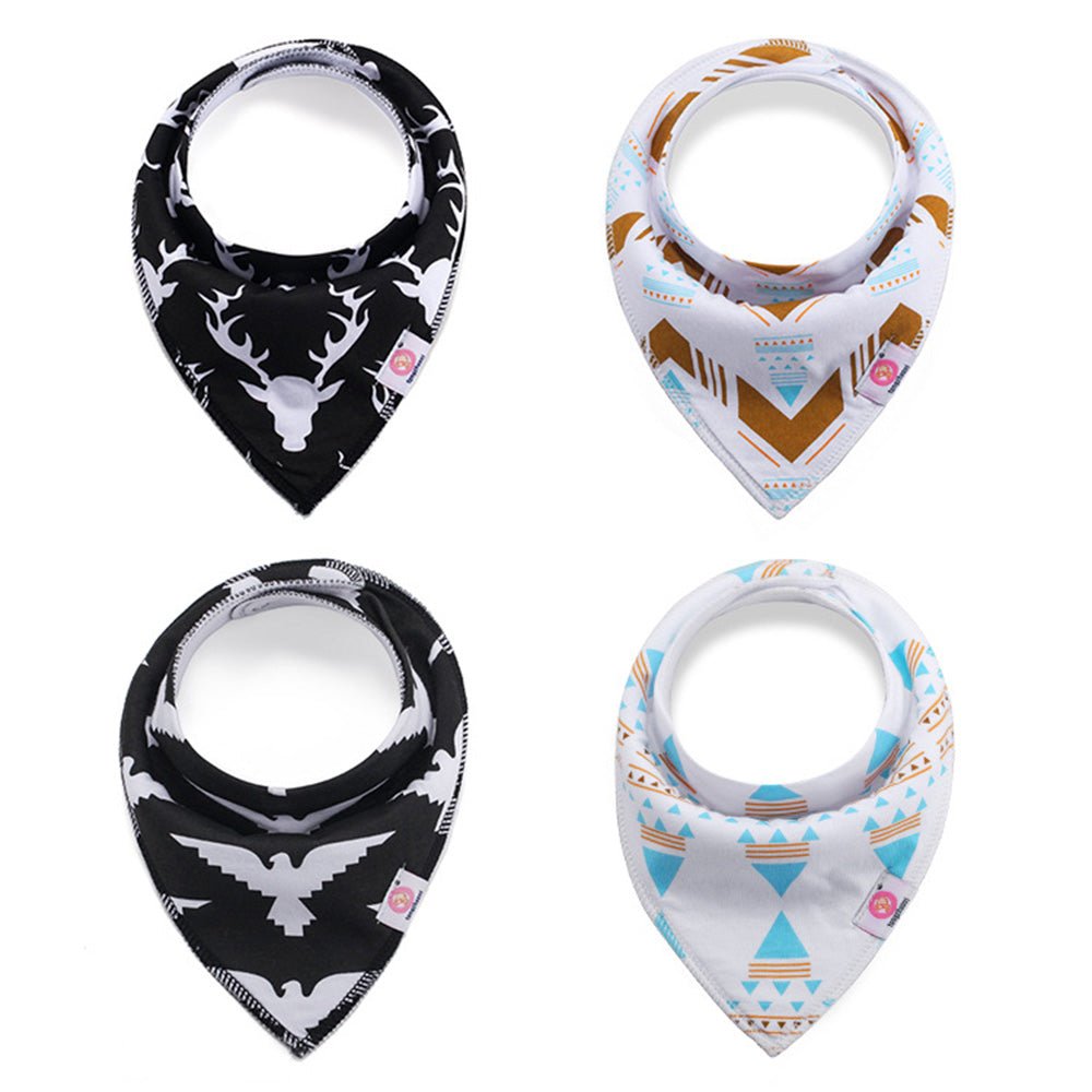 Babelio baby bandana bibs in assorted patterns, stylish nursery accessories set of four.