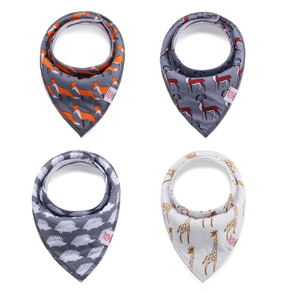 Babelio set of four animal print baby bandana bibs, assorted designs on white and grey.
