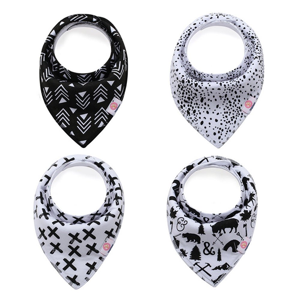 Babelio baby bandana bibs with black and white patterns, set of four.