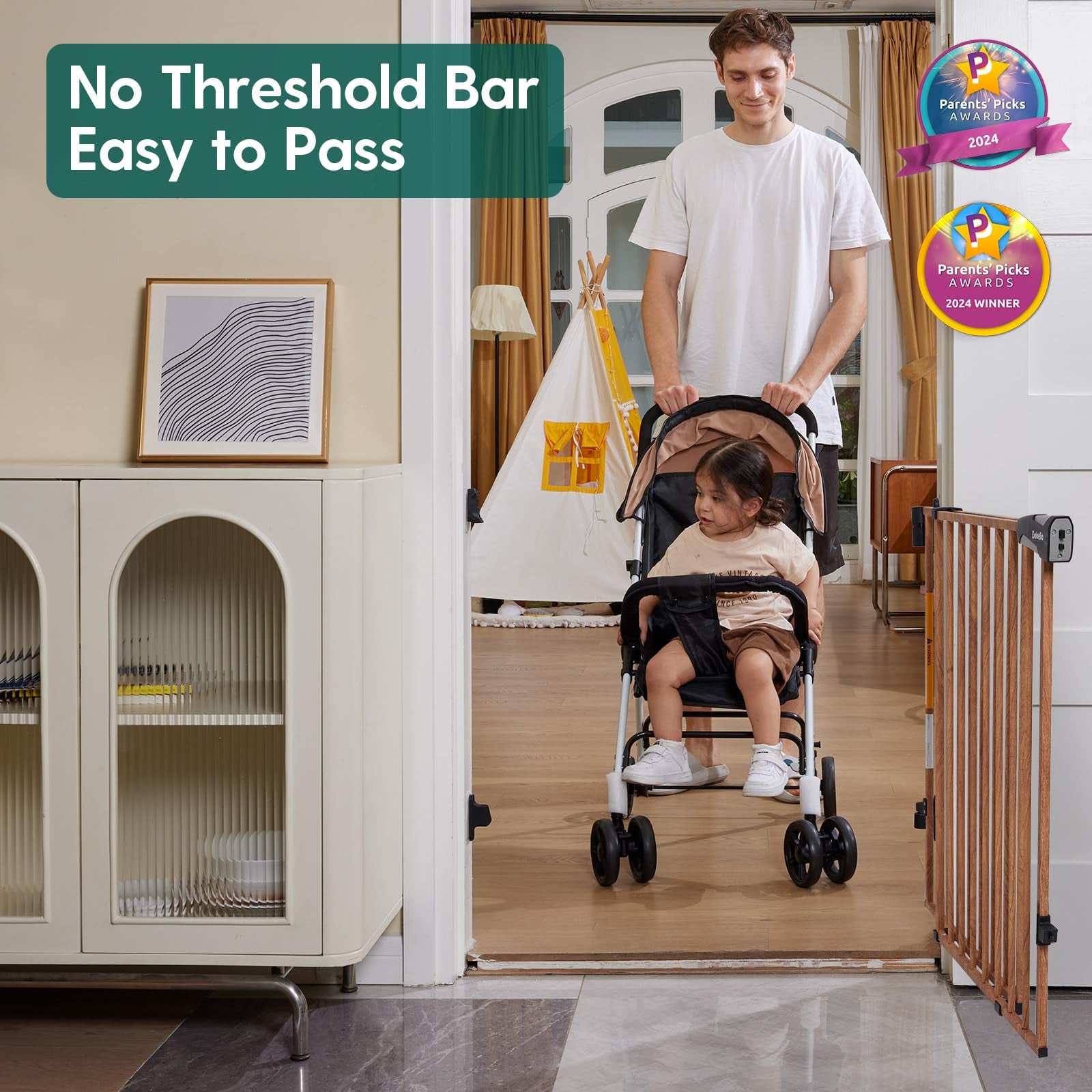 Father pushing a stroller with a child through a wood pattern baby gate featuring no threshold bar and easy pass-through design, safe for stairs and doorways, award-winning Babelio Boundless B17 adjustable baby gate