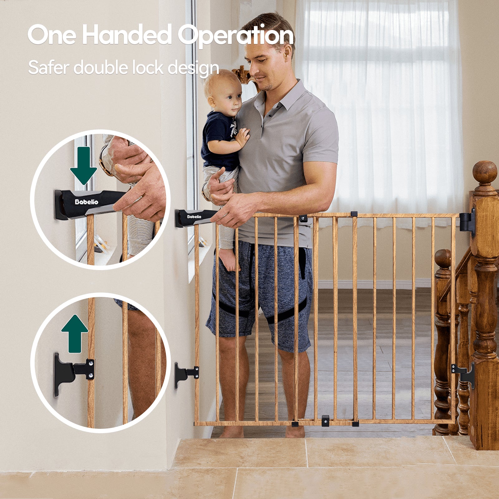 Father holding baby demonstrating one-handed operation of a wood pattern baby gate with double lock design for safer use, showing easy open and close mechanism, Babelio Boundless B17
