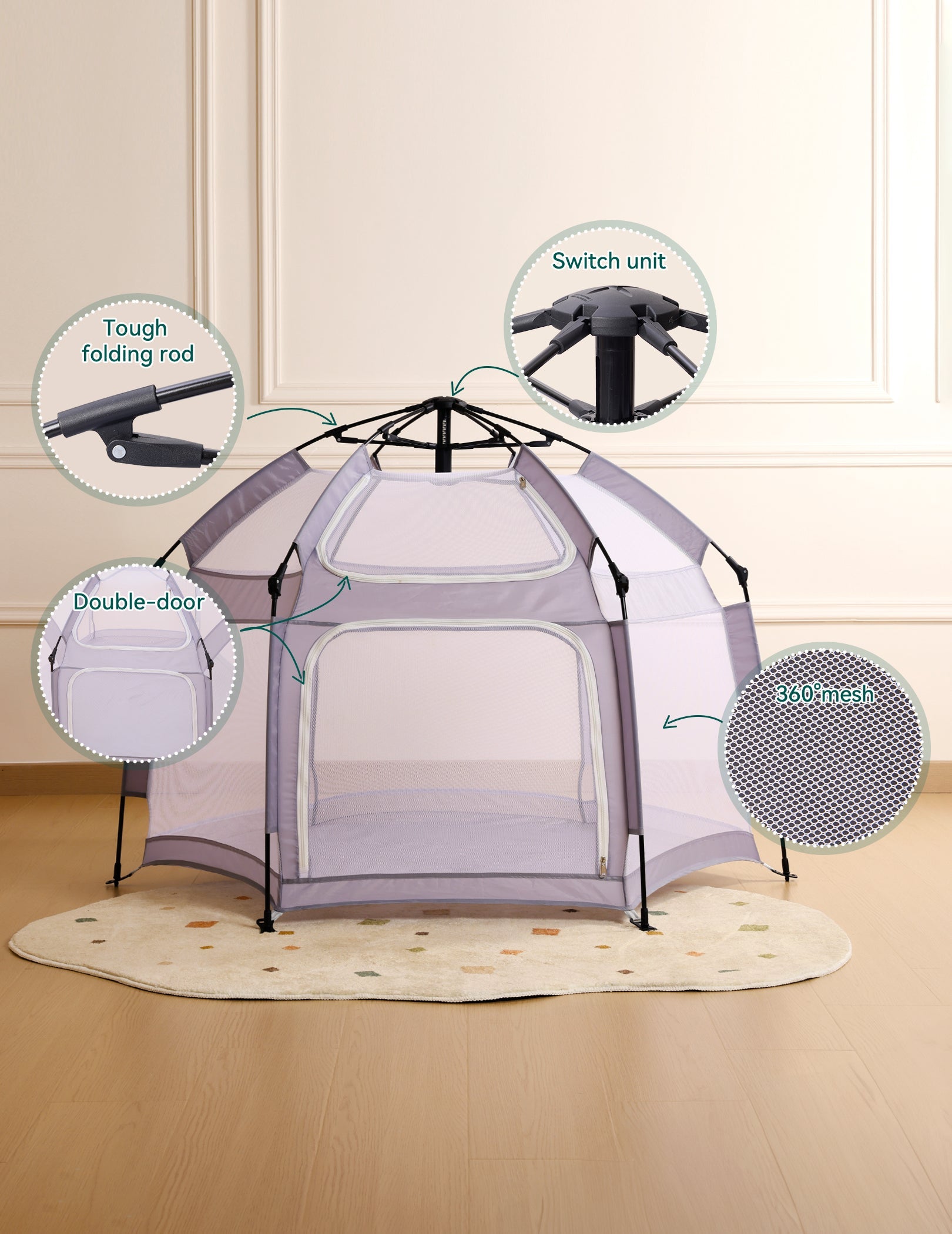 Babelio foldable baby playpen with double-door and mesh sides in a nursery setting
