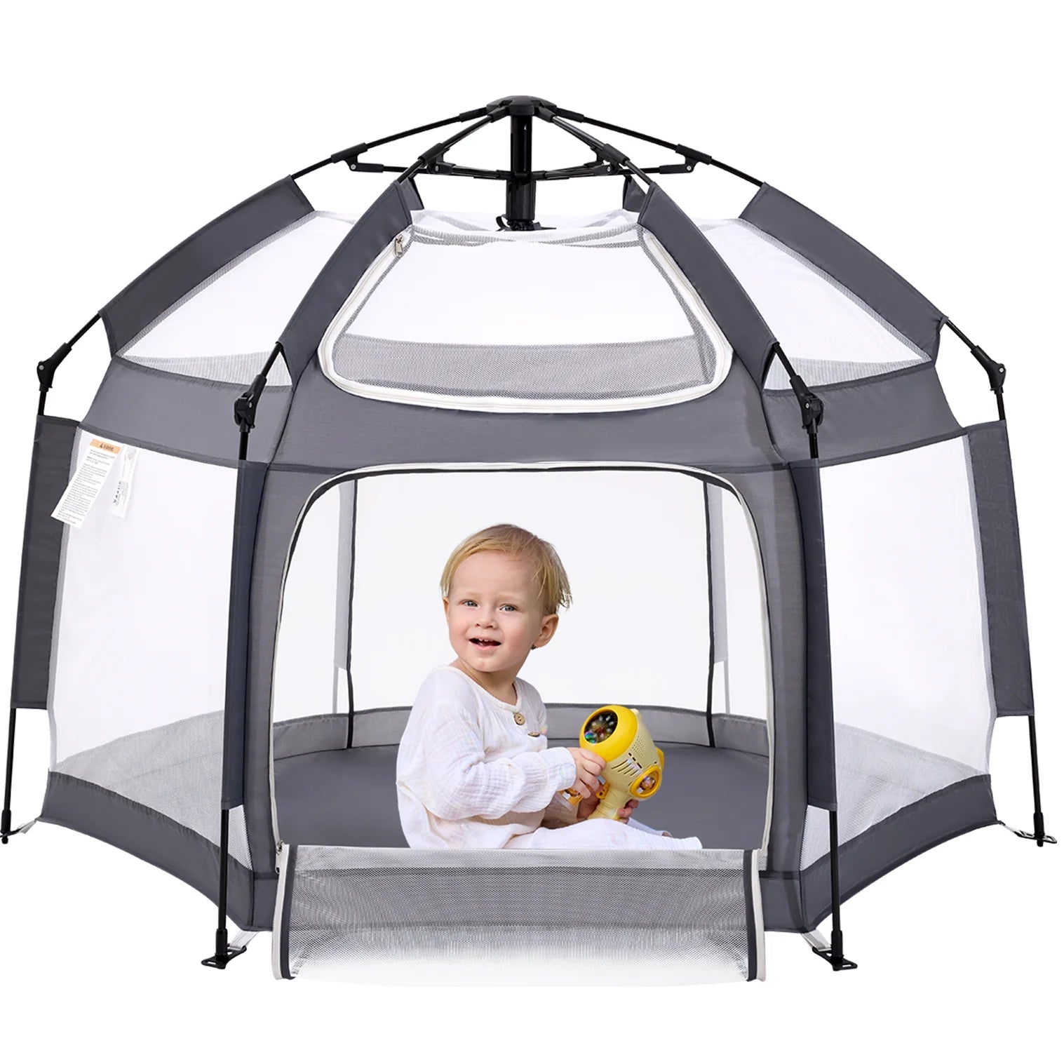Babelio baby safety playpen with mesh panels, toddler playing inside, indoor setting