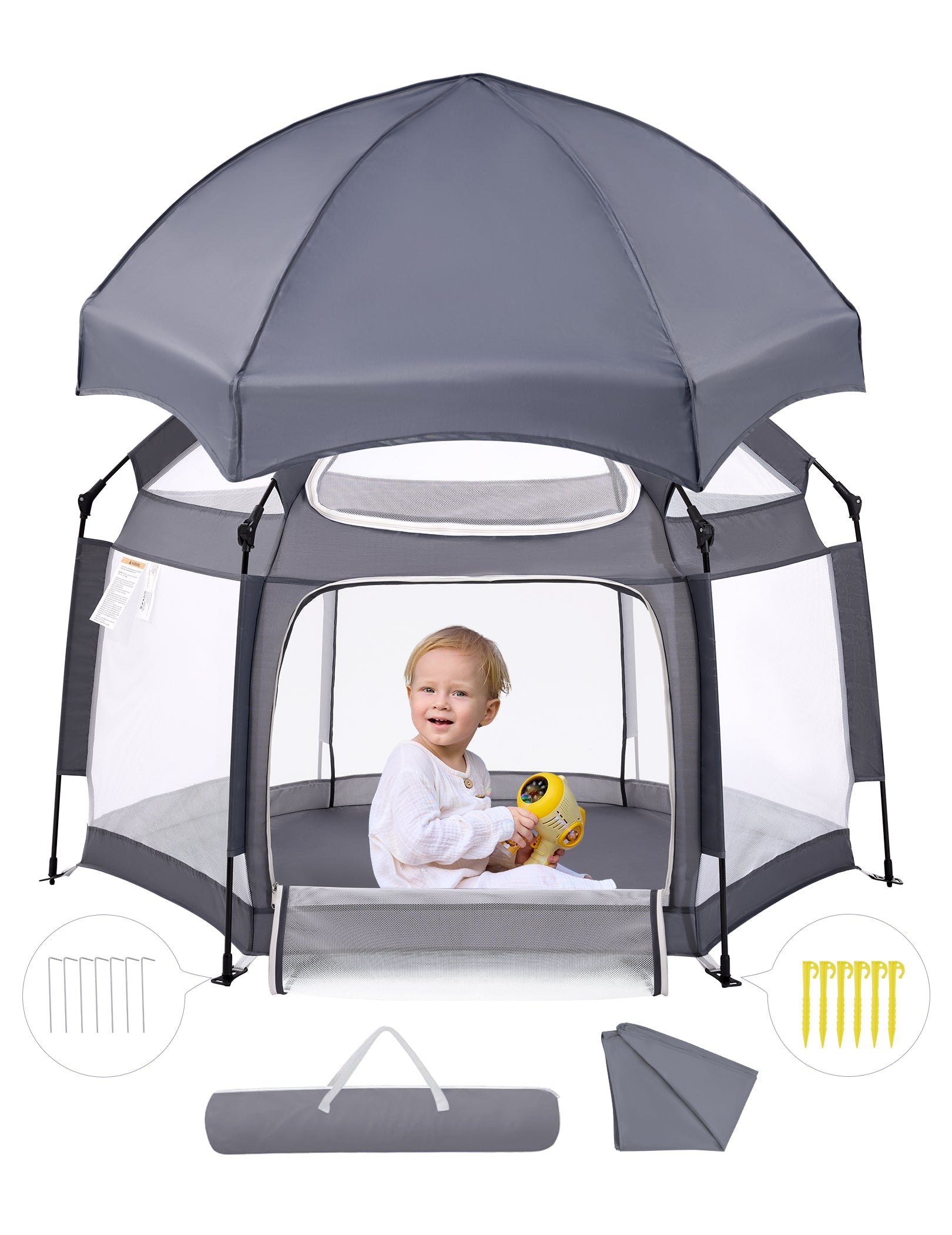 Babelio foldable baby playpen with canopy, shown in a nursery with a child inside.