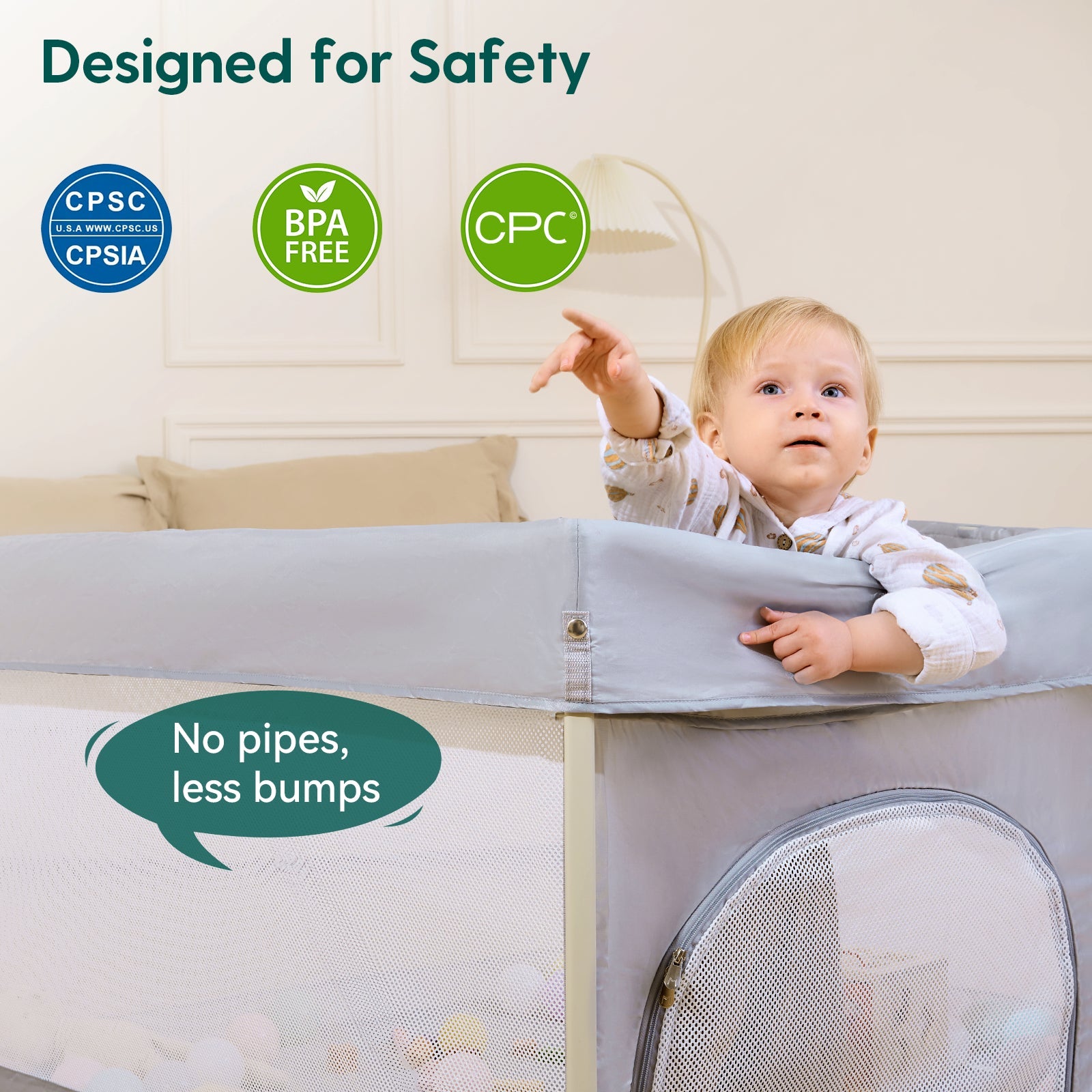 Babelio baby safety gate in a bedroom with toddler, mesh sides, safe design, no exposed pipes.