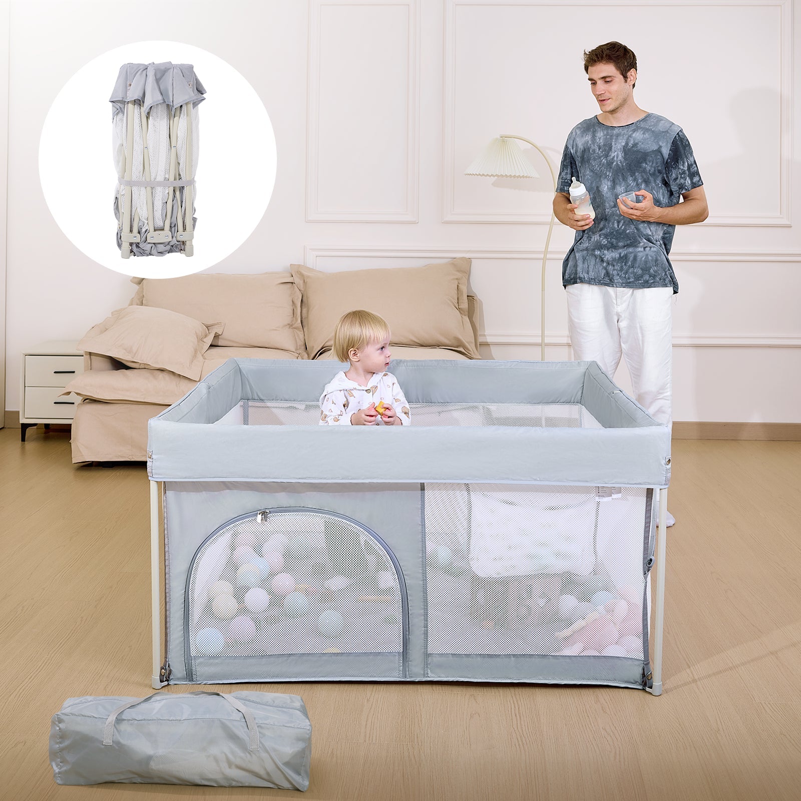 Babelio baby safety gate play yard in a bedroom with toddler and parent, foldable design shown.