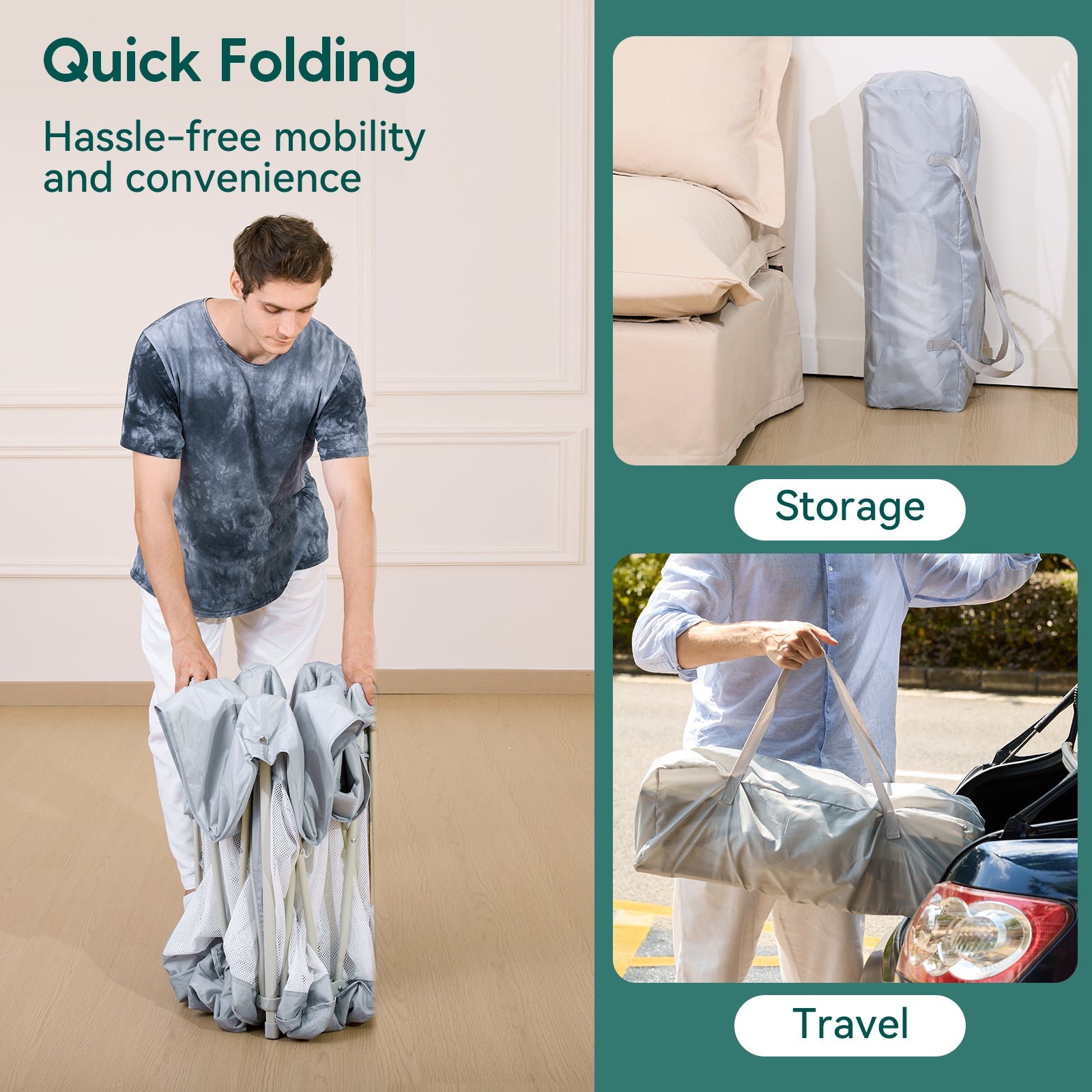 Babelio baby safety gate shown folded for easy storage and travel in home and car settings.