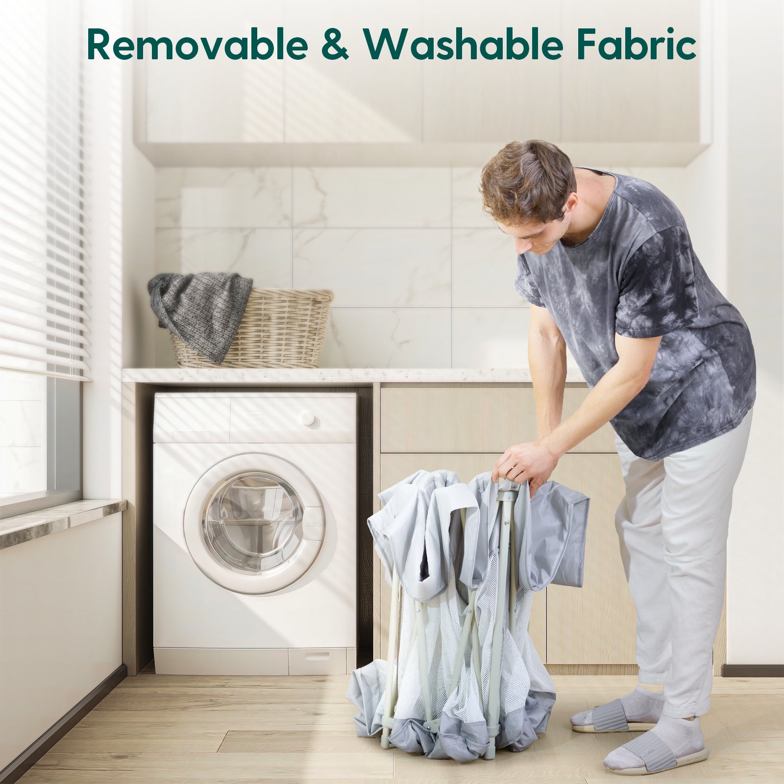 Babelio baby safety gate with removable washable fabric in modern laundry room