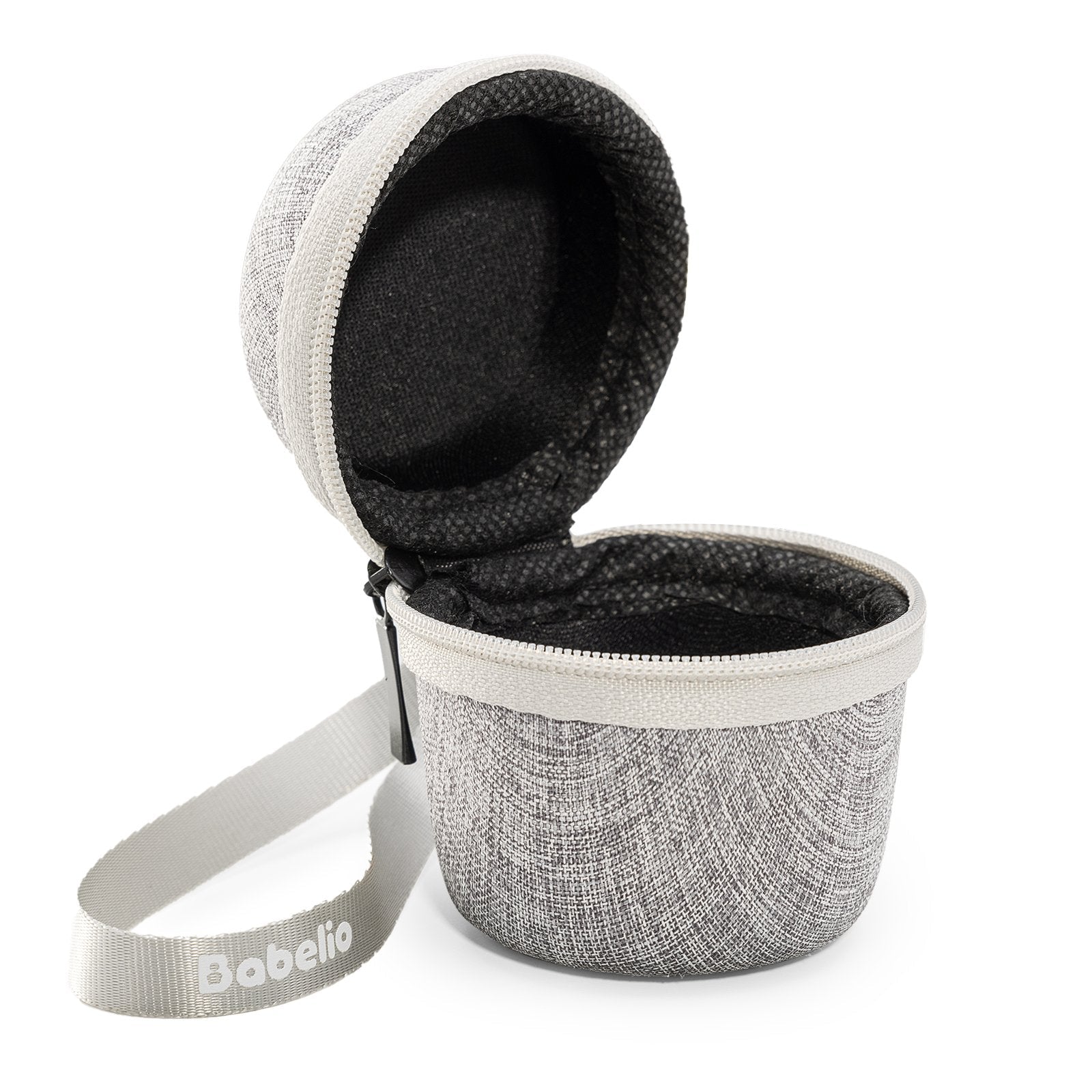 Babelio white noise machine travel case in gray fabric with zipper and branded strap