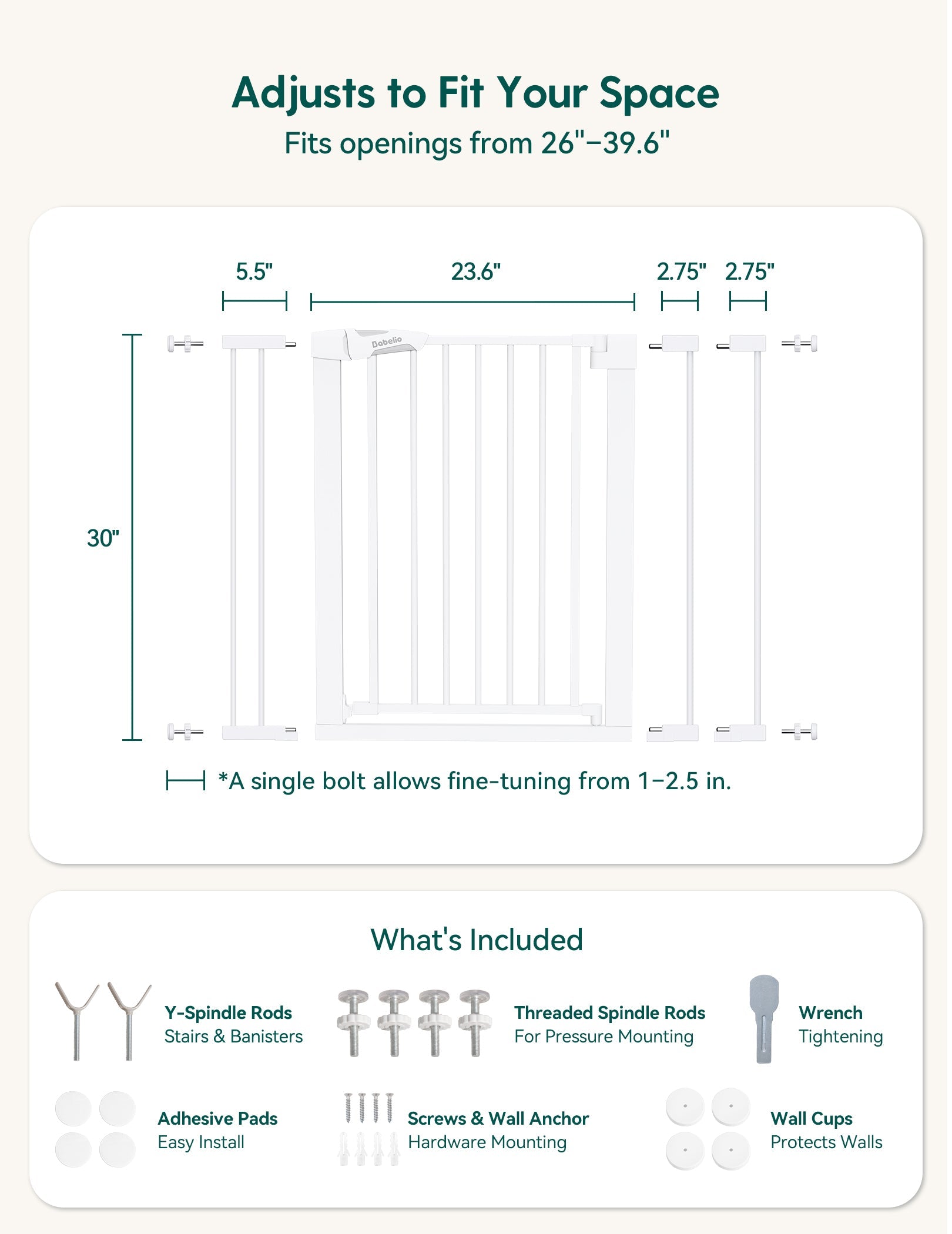 Babelio adjustable baby safety gate with included hardware and size chart for home use
