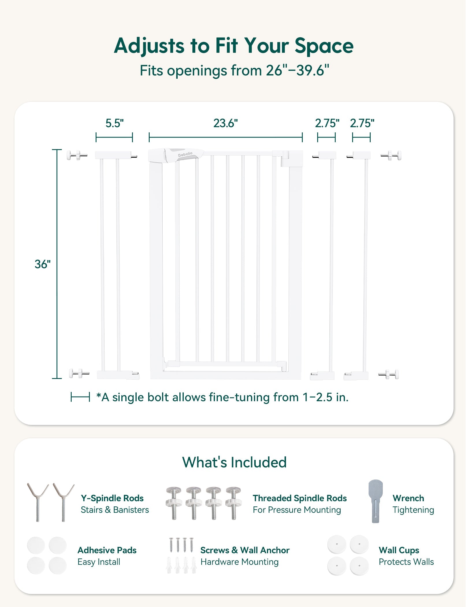Babelio baby safety gate with extension panels and included mounting hardware, ideal for stairs or doorways.
