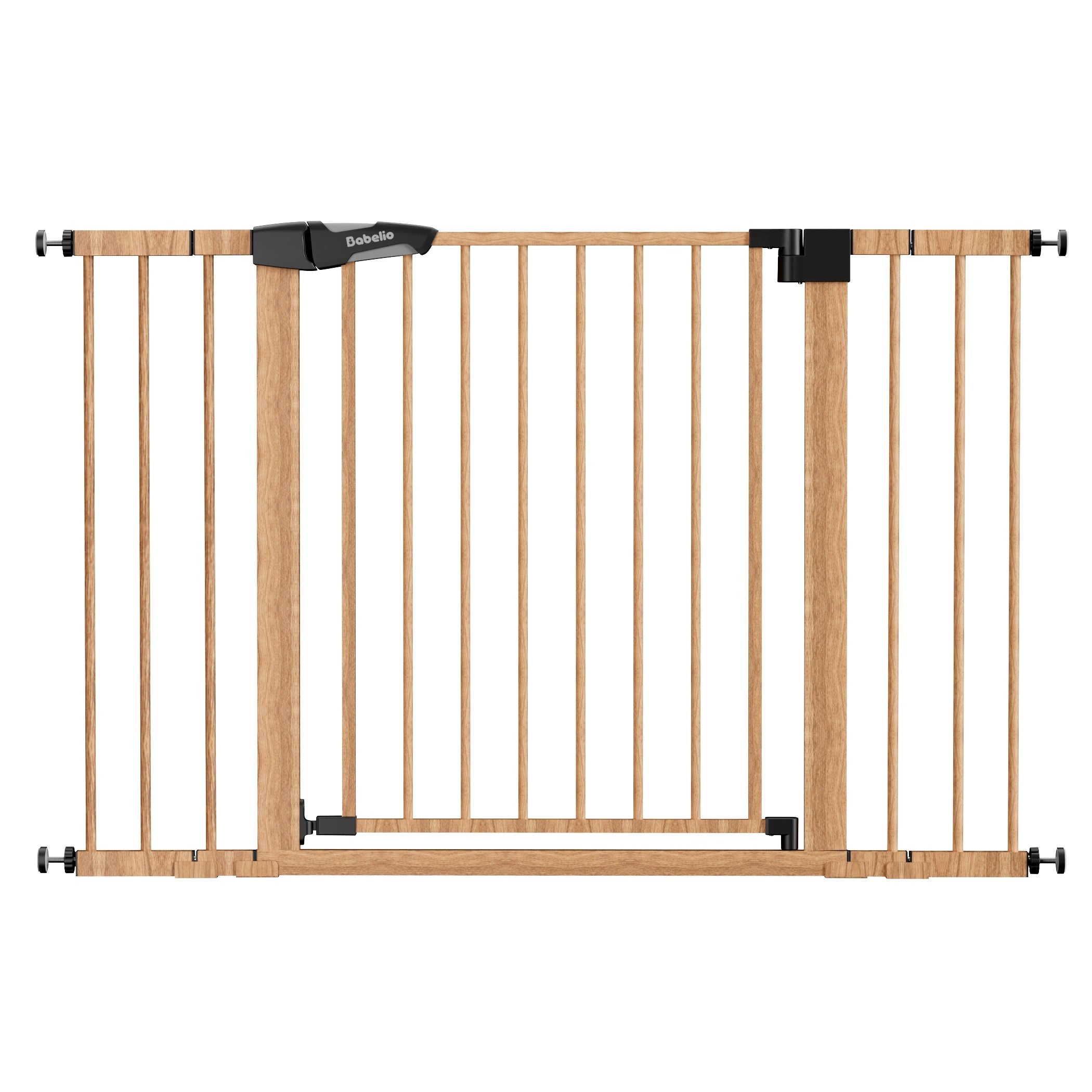 Babelio wood pattern pressure-mounted baby safety gate with black latch for stairways