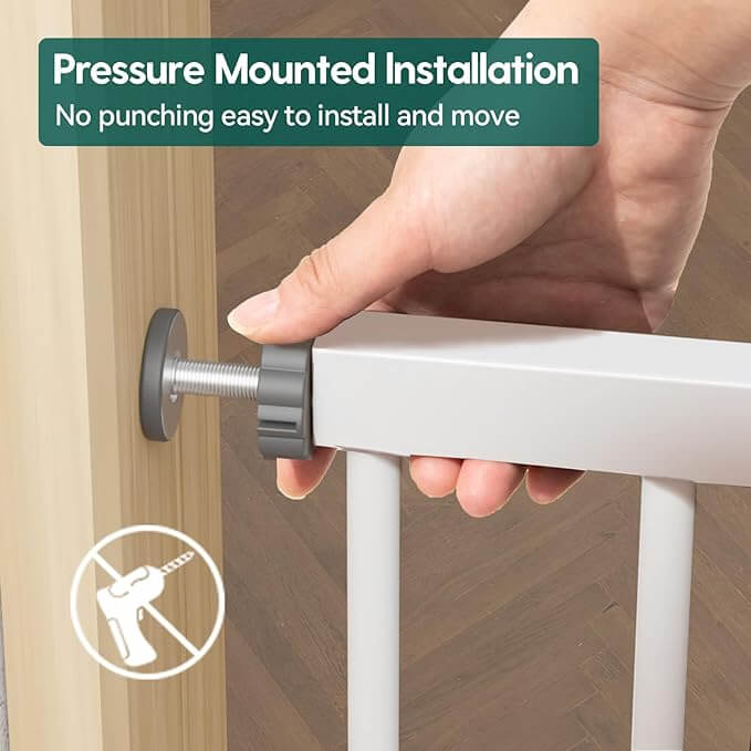 Babelio baby safety gate pressure mounted on wooden doorway, easy installation for homes