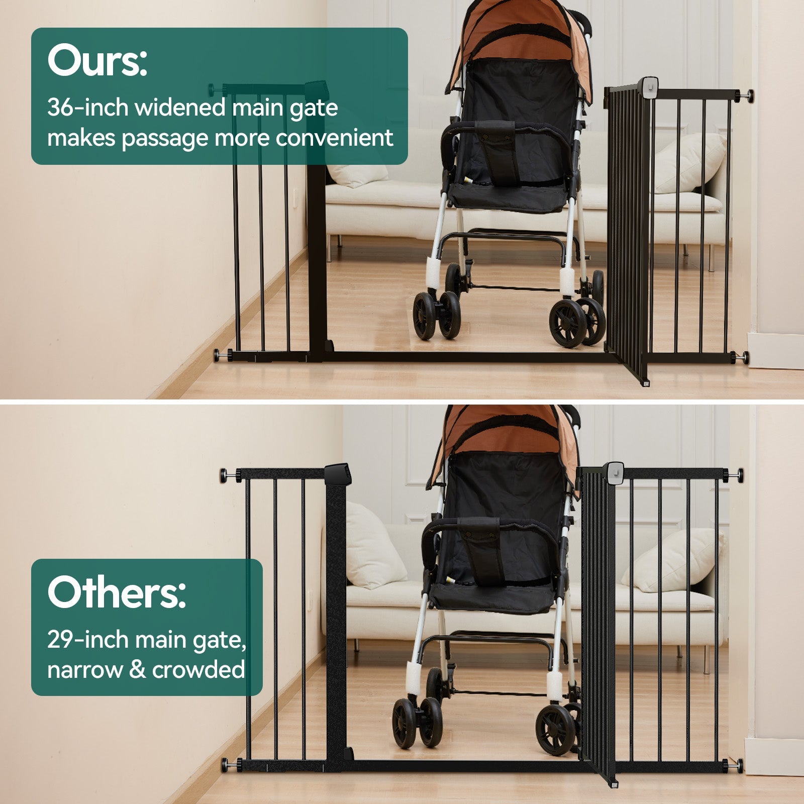 Babelio extra wide baby safety gate installed in hallway, comparing 36-inch and 29-inch gates.