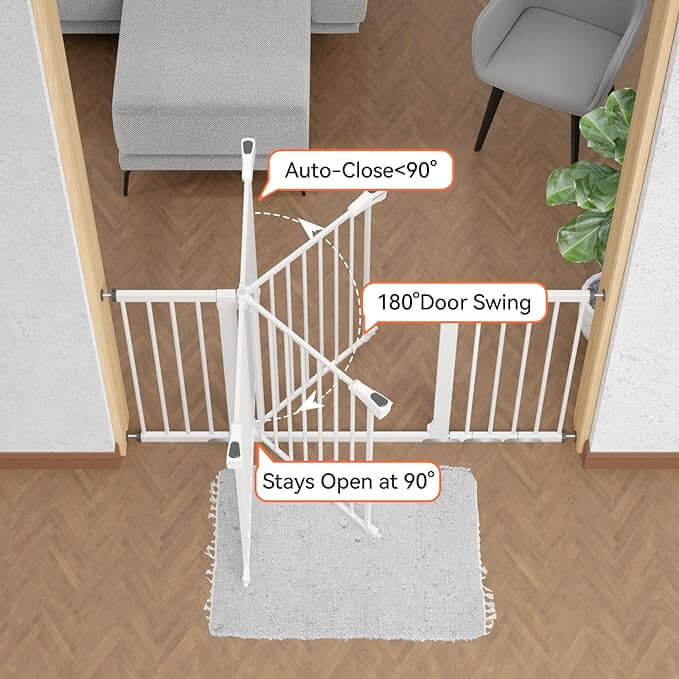 Babelio baby safety gate installed in a living room doorway, auto-close and 180° swing features