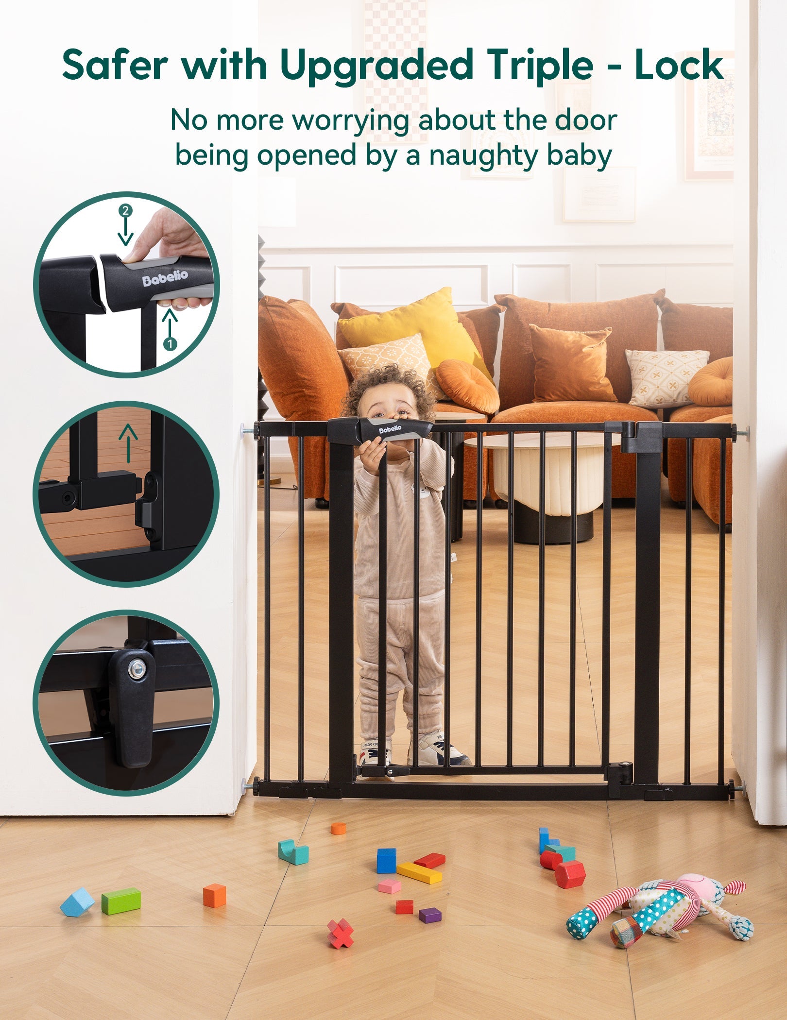 Babelio baby safety gate with triple lock installed in living room, toddler standing behind gate.
