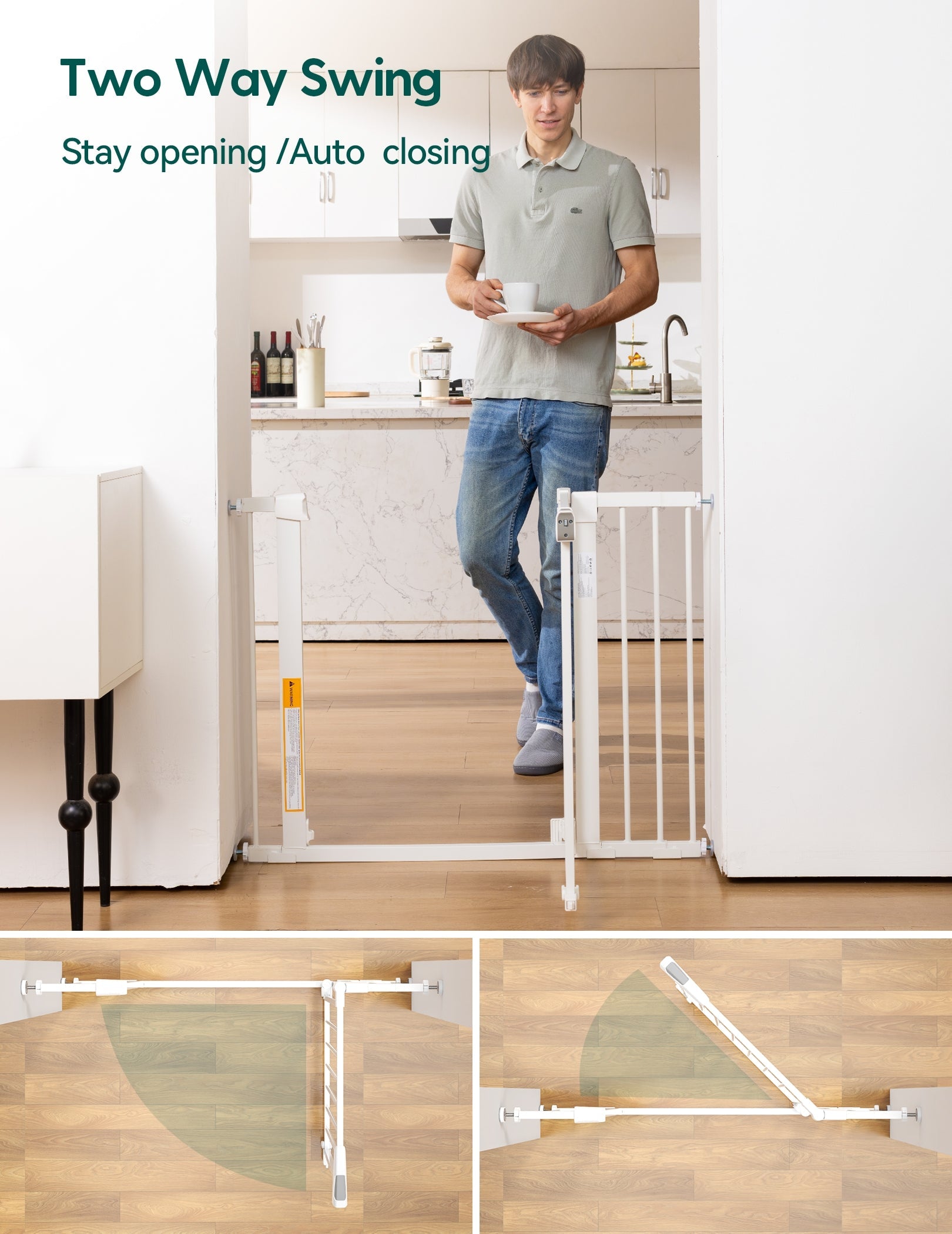 Babelio baby safety gate with two-way swing feature installed in a modern kitchen entryway