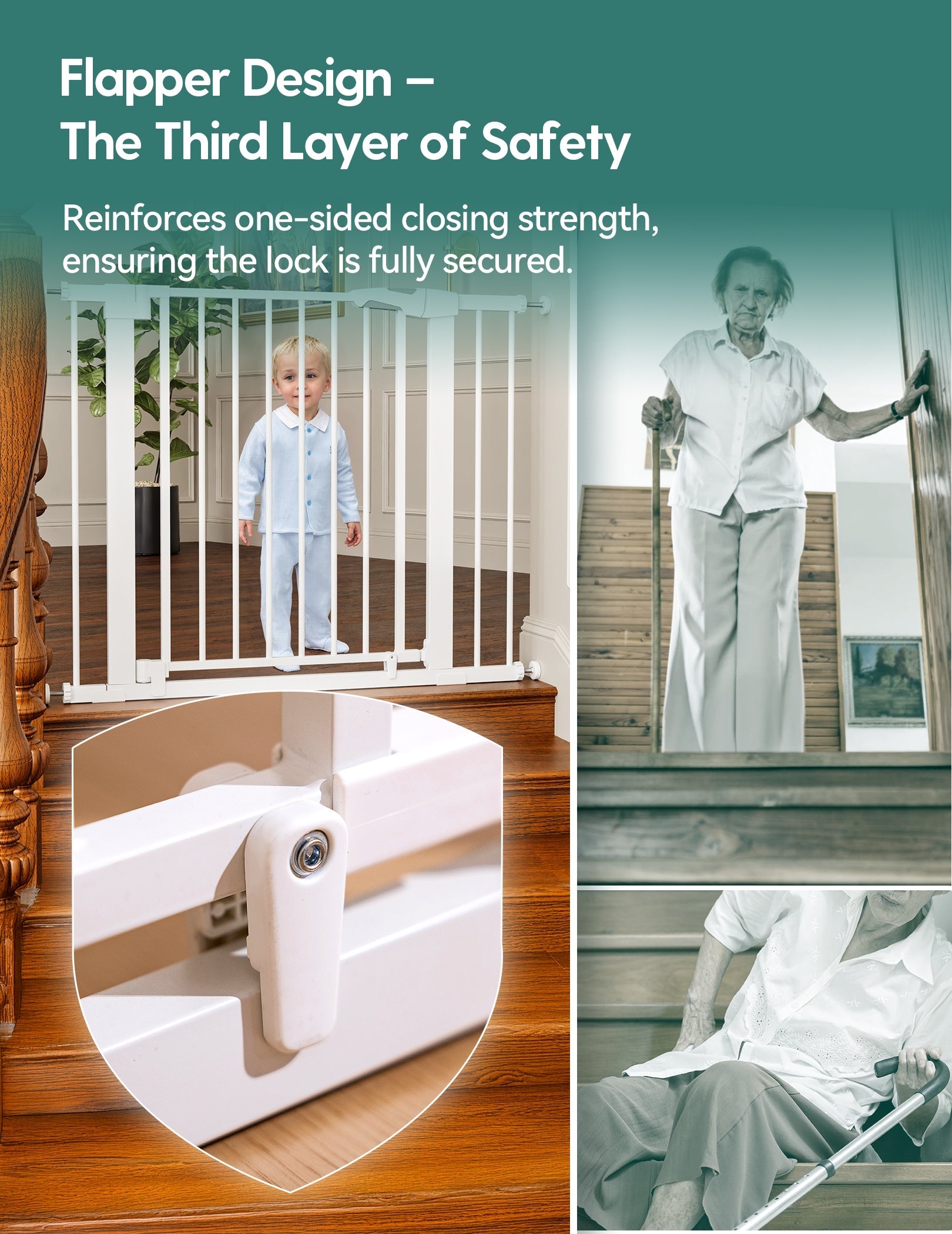 Babelio baby safety gate installed on stairs, child standing behind gate, close-up lock, home setting