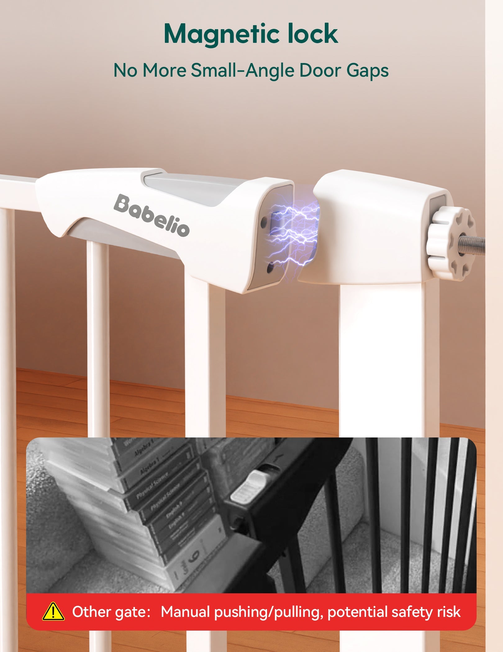 Babelio baby safety gate with magnetic lock feature installed in a home setting