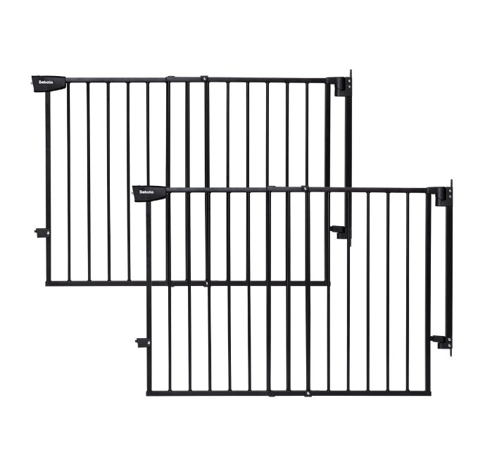 Extra wide hardware-mounted baby gate showing two connected panels for flexible installation on stairs or doorways, part of the Boundless S12 series by Babelio.