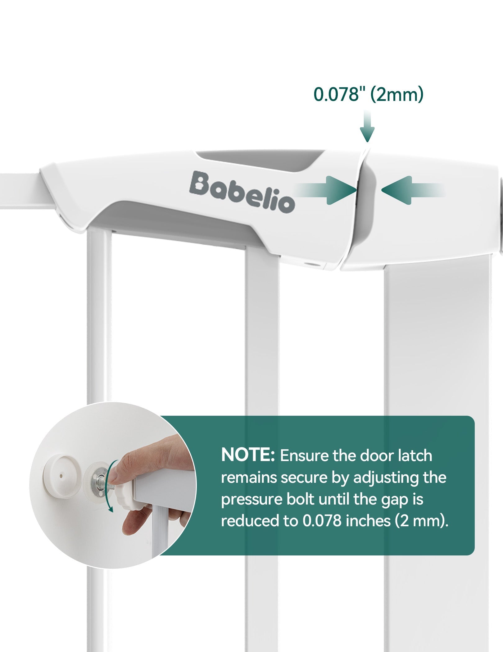 Babelio baby safety gate with latch adjustment and pressure mount shown in home setting