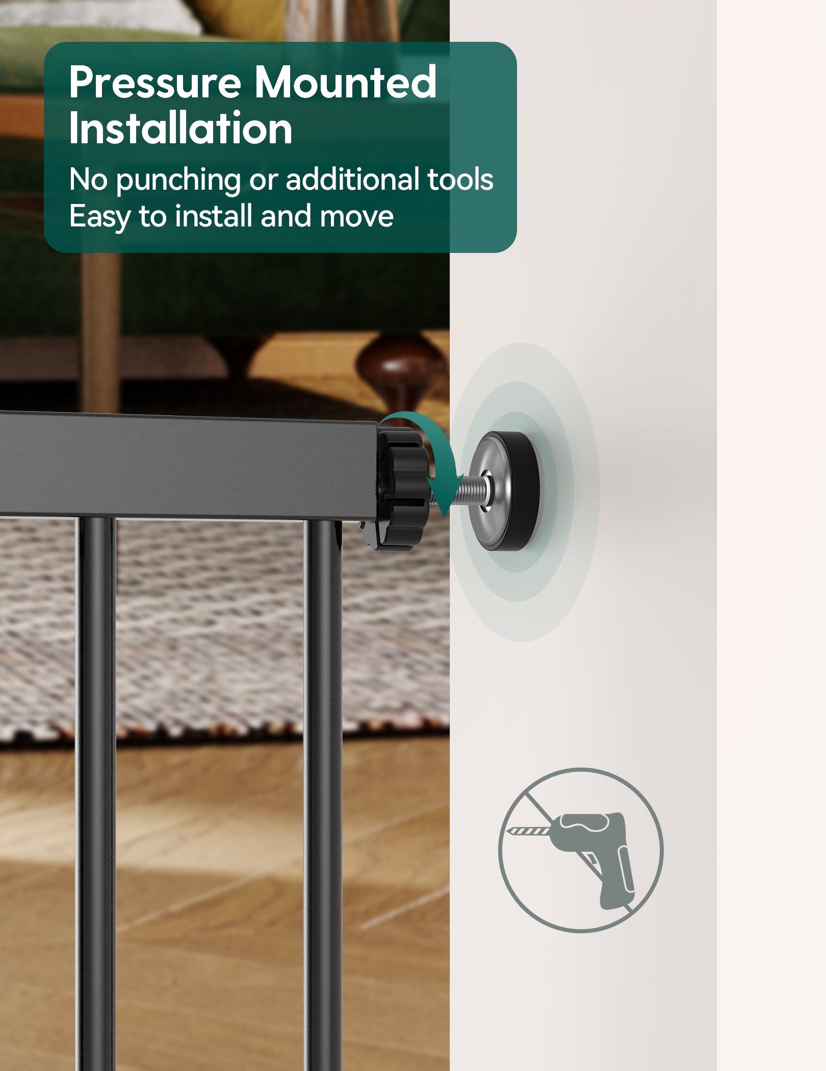 Babelio baby safety gate pressure mounted in living room, easy no-drill installation.