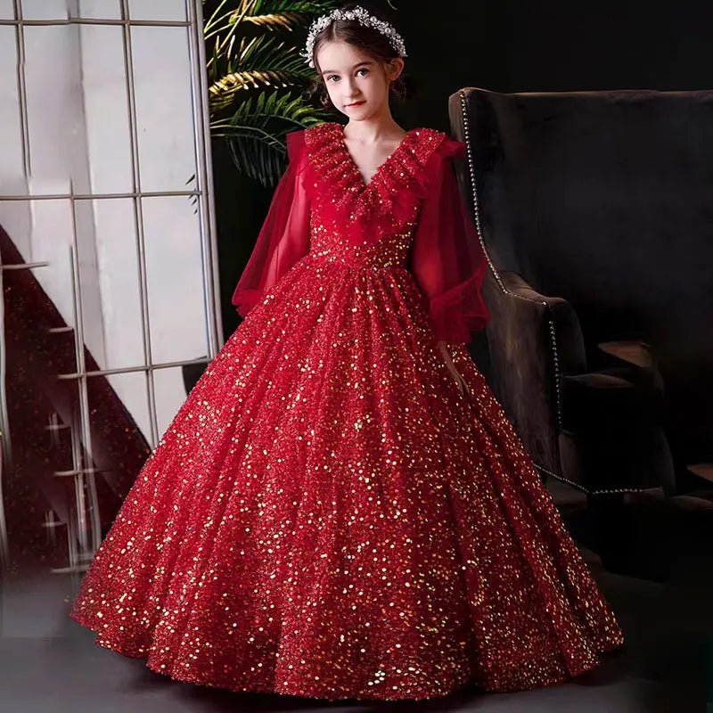Babelio little girl in sparkling red sequin long dress at home, elegant party gown fashion