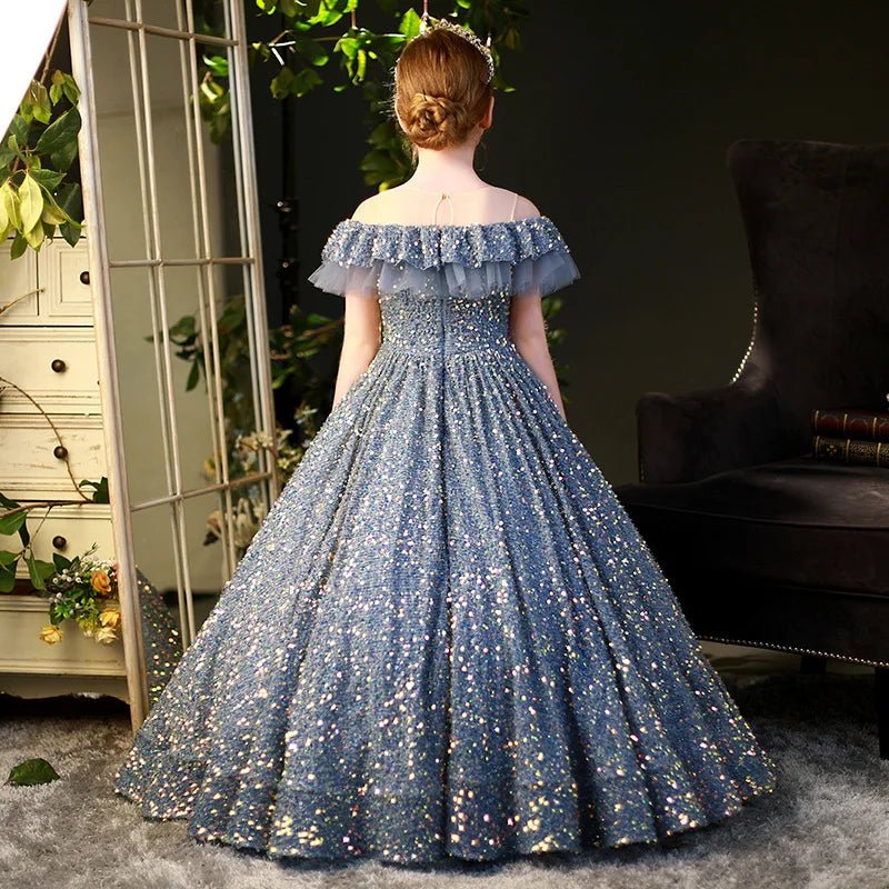 Babelio elegant sequin ball gown for girls with crown in living room