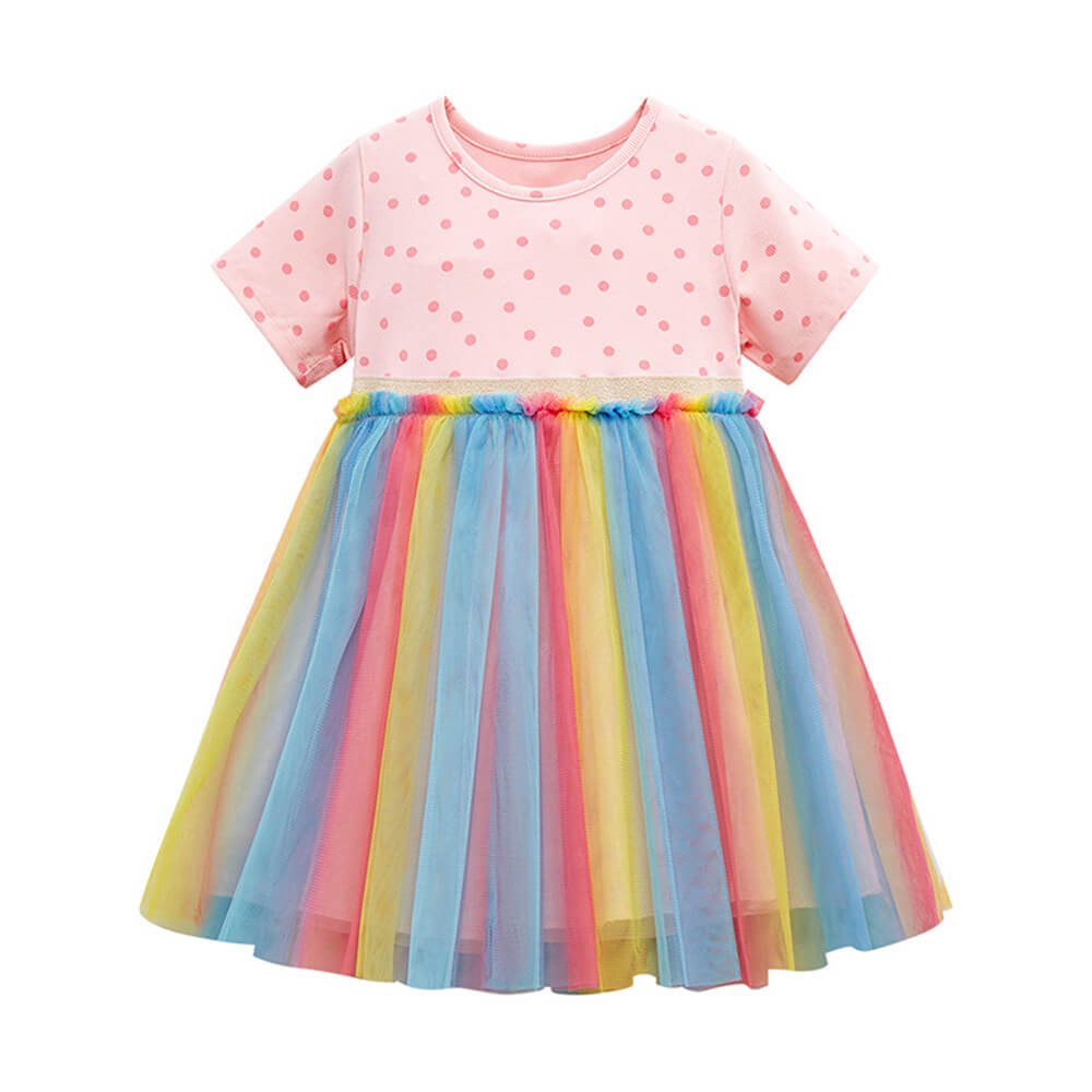 Babelio girls' rainbow tulle princess dress with pink polka dot top, no room setting visible