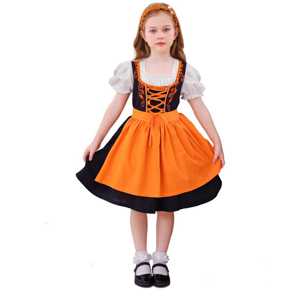 Babelio girl in orange and black Oktoberfest dress costume, white blouse, cosplay outfit