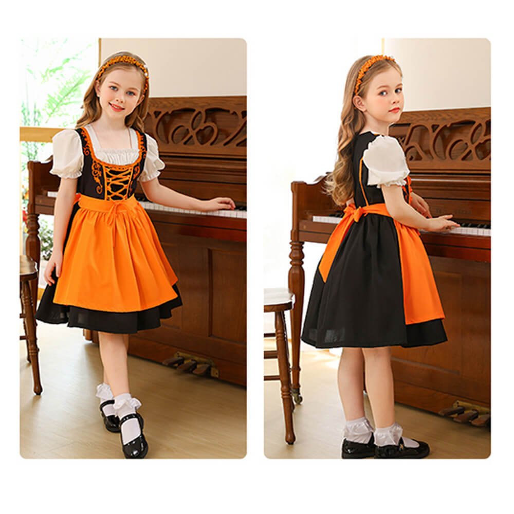 Girl in orange and black dress by piano in living room, Babelio product setting