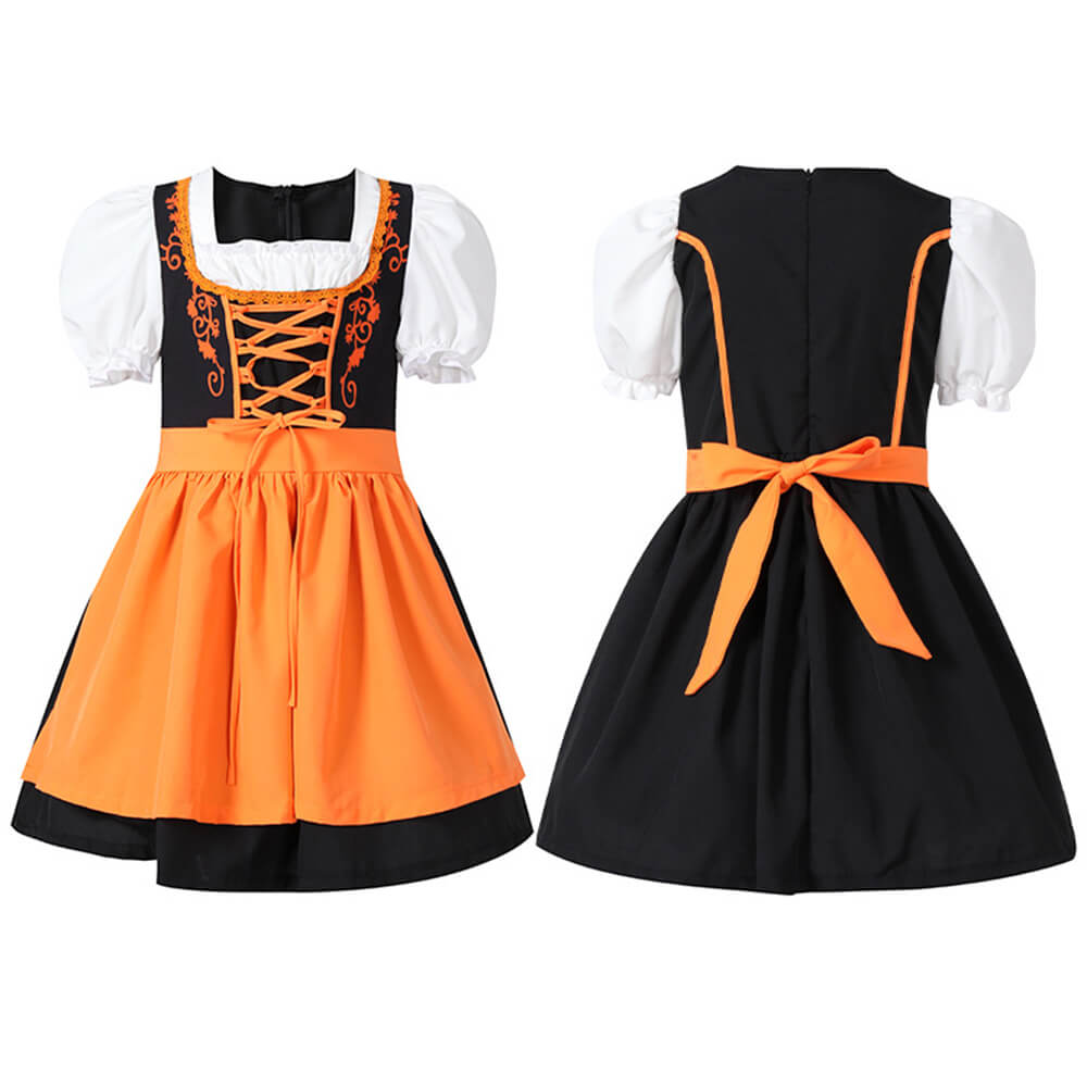 Babelio orange and black girls' costume dress with white puff sleeves, front and back view