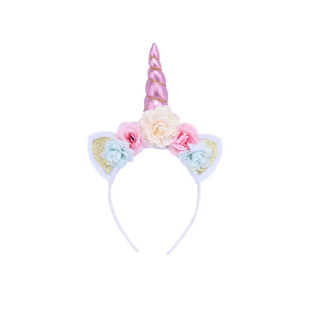 Babelio unicorn headband with pink horn and colorful flowers, kids party accessory