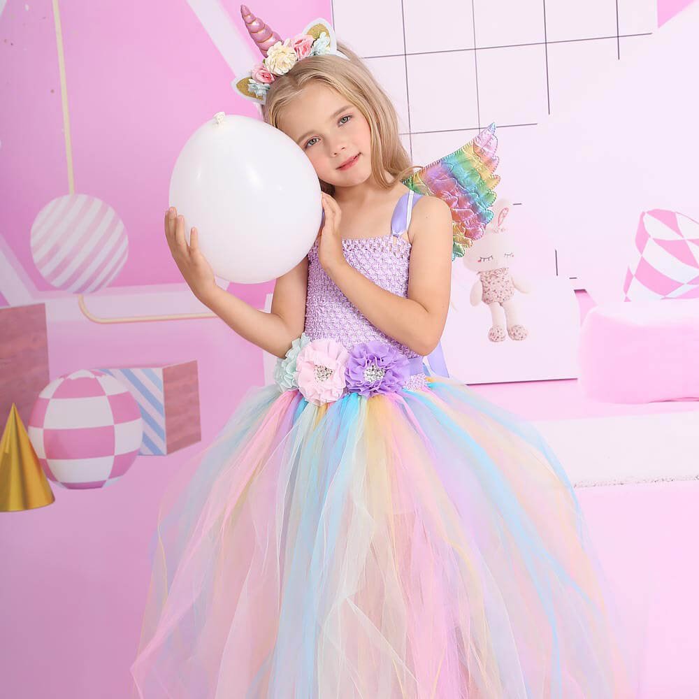 Babelio pastel unicorn princess dress for kids in a colorful party-themed room