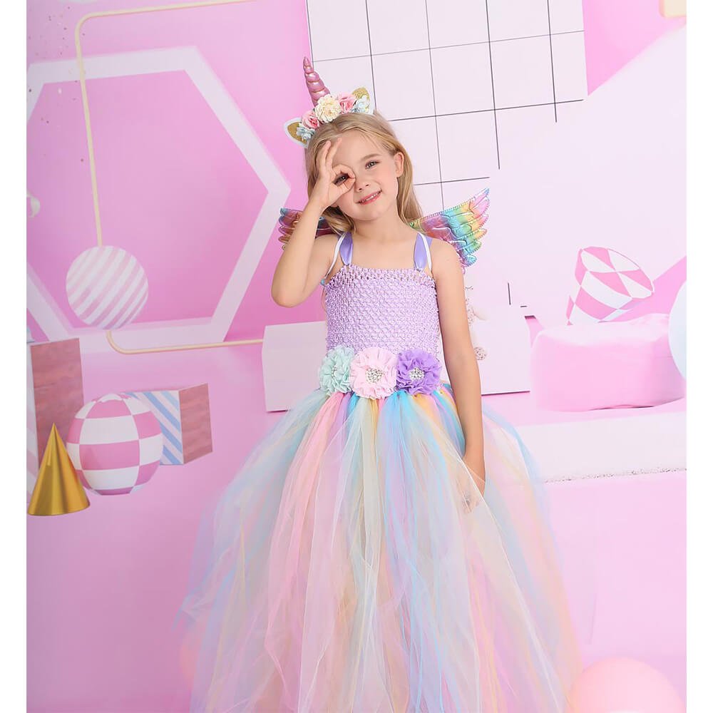 Babelio girl in unicorn princess dress with rainbow wings and headband, party backdrop
