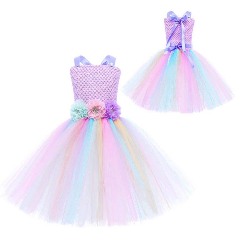 Babelio pastel unicorn princess kids' tulle dress with floral accents, front and back view