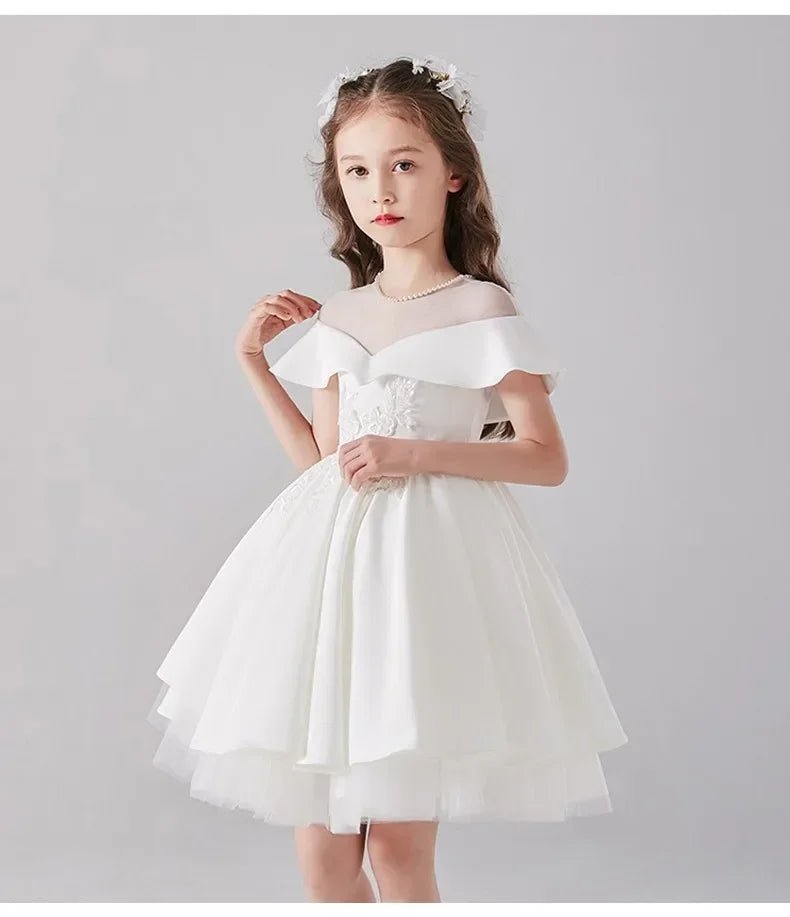 Babelio elegant white flower girl dress with ruffled sleeves for formal events, studio setting