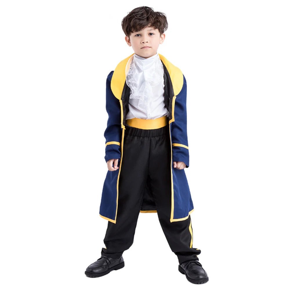 Babelio boy dressed in blue and yellow prince costume, standing on white background
