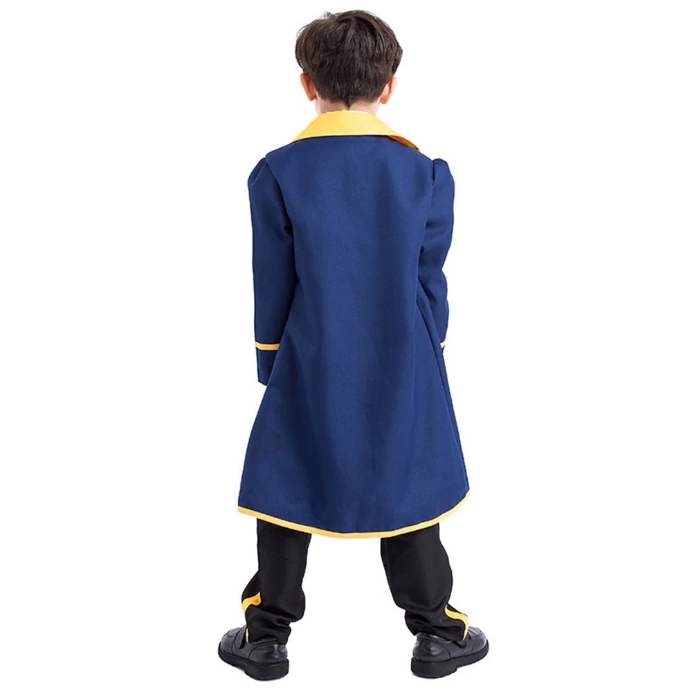 Babelio boy in blue and yellow costume, standing against white background