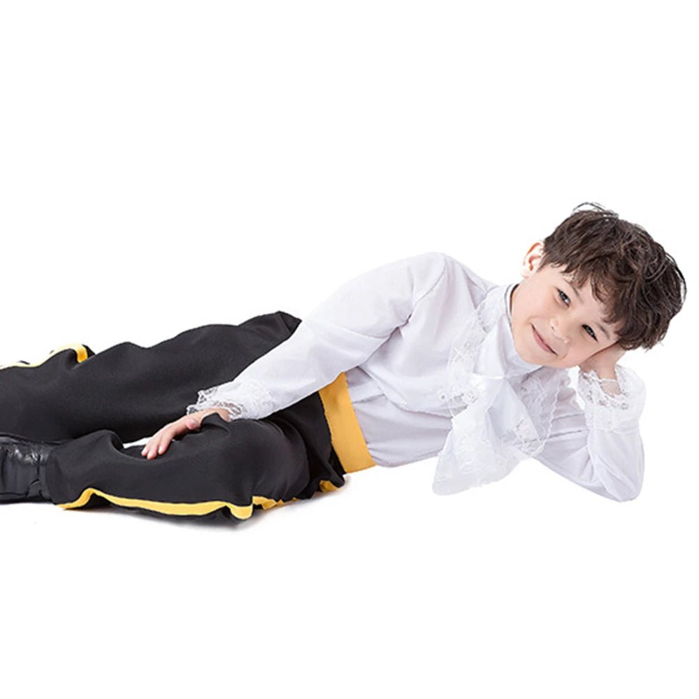 Babelio boy in prince costume with white shirt, black pants, gold trim, laying on white background