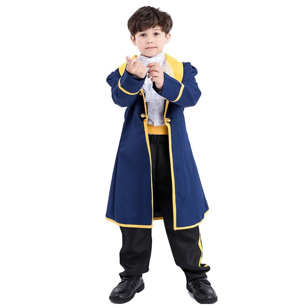 Babelio boy in blue and yellow prince costume for Halloween, standing on white background