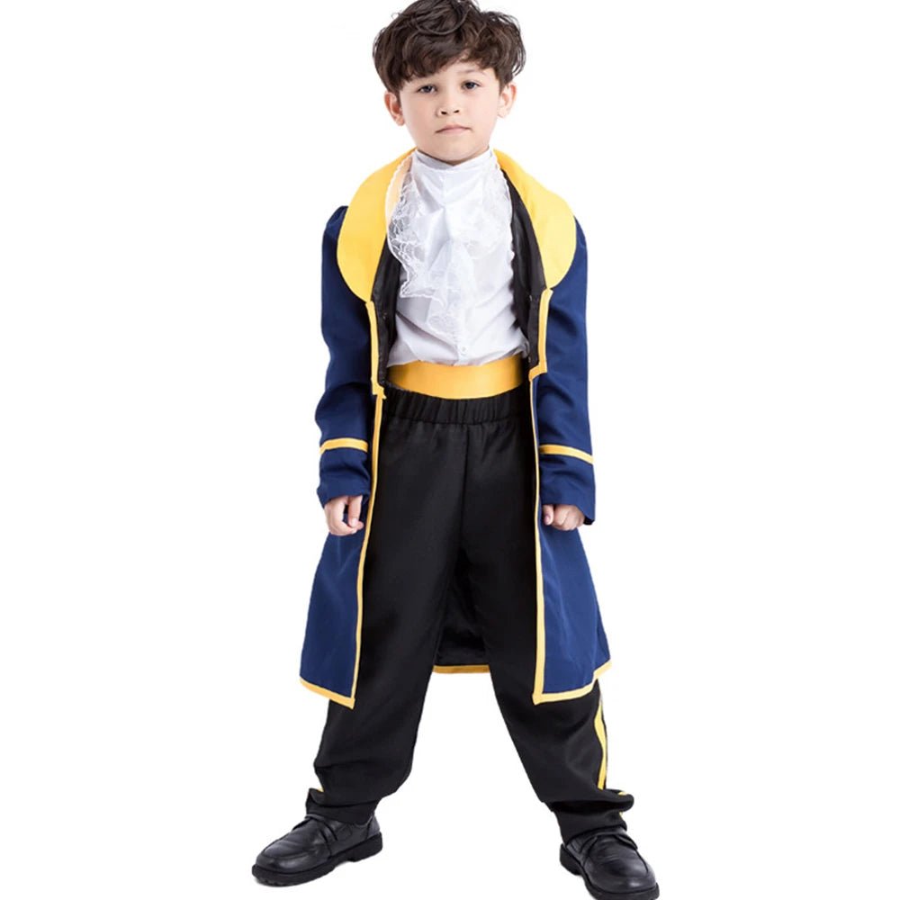 Babelio boy in prince costume with blue and yellow jacket, white shirt, and black pants