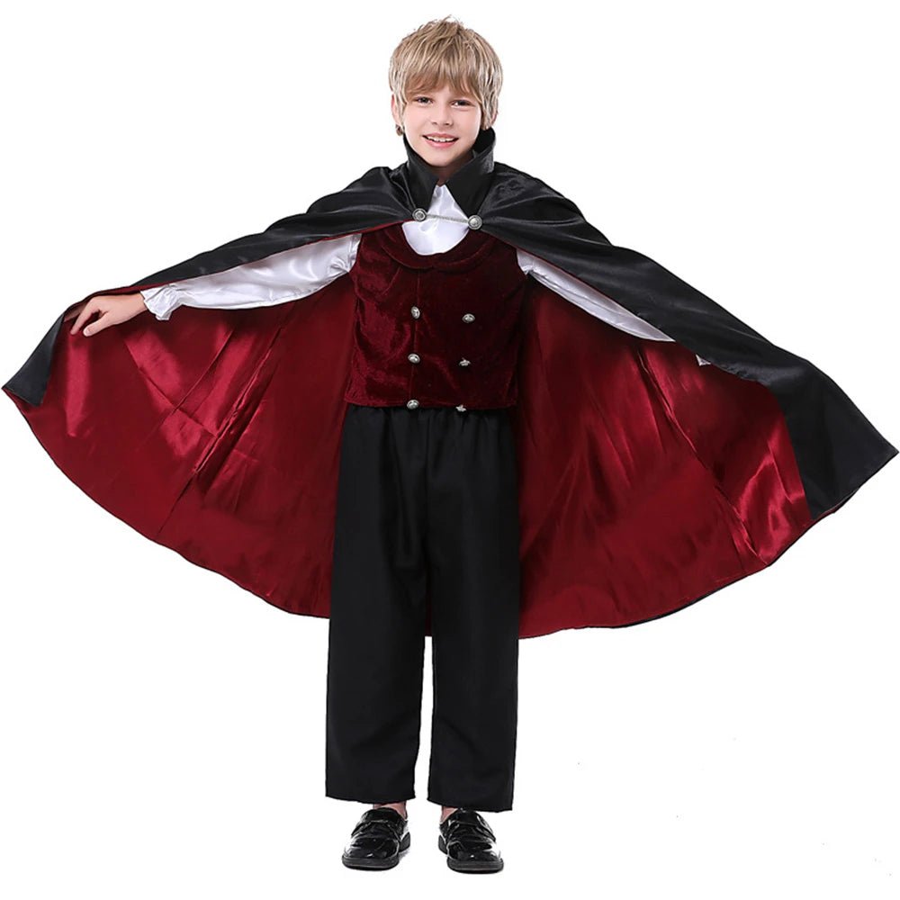 Babelio boy in Dracula vampire Halloween costume with red and black cape, white shirt, black pants
