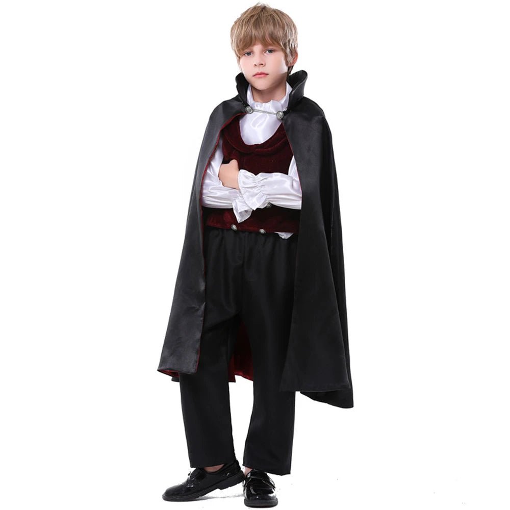 Babelio boy in vampire costume with black cape and vest, studio background