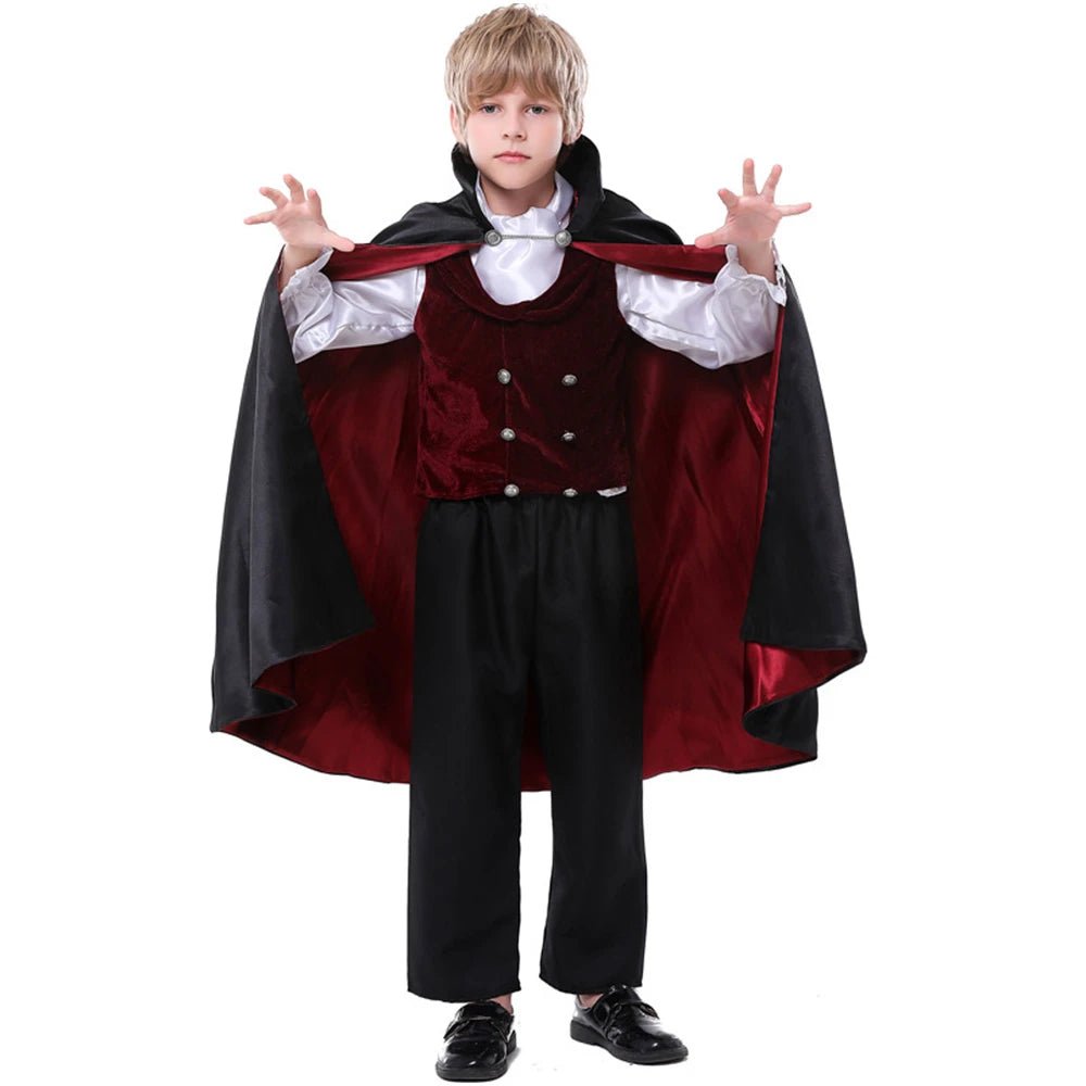 Babelio boy in vampire costume with black cape, white shirt, and red vest for Halloween