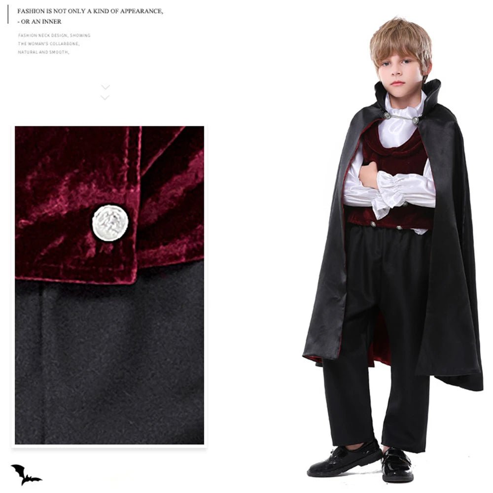 Babelio boy in vampire Halloween costume with black cape and red vest, standing indoors